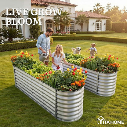 YITAHOME 24" Tall 9 in 1 Large Raised Garden Bed Kit, 8x2x2ft Galvanized Metal Planter Box with Gloves and Safety Rubber, Outdoor Above Ground Planters for Plants Vegetables Flowers, Silver Gray