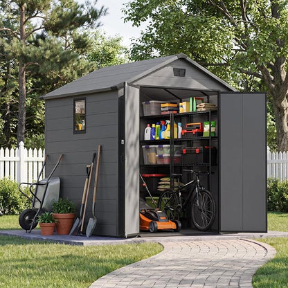 Greesum 6x6FT Plastic Outdoor Storage Shed with Floor, Resin Sheds with Lockable Double Door, Tool Sheds with Window and Vents, for Backyard, Garden, Patio, Dark Gray