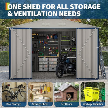 Garvee 10x10 FT Metal Storage Shed – Lockable Doors, Floor Frame, Blue | Spacious 10x10 interior – stores bikes, tools, and more.