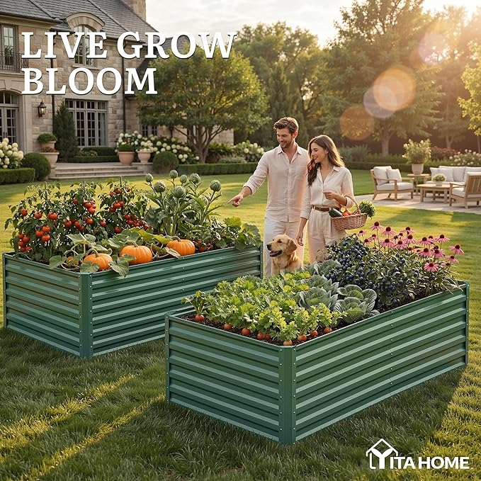 YITAHOME 6x3x2ft Galvanized Raised Garden Bed, Metal Planter Box with Safety Rubber, Gloves, Outdoor Flower Bed for Planting Plants Vegetables, Green