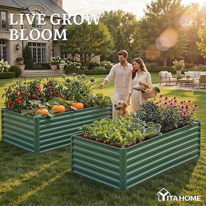 YITAHOME 6x3x2ft Galvanized Raised Garden Bed, Metal Planter Box with Safety Rubber, Gloves, Outdoor Flower Bed for Planting Plants Vegetables, Green