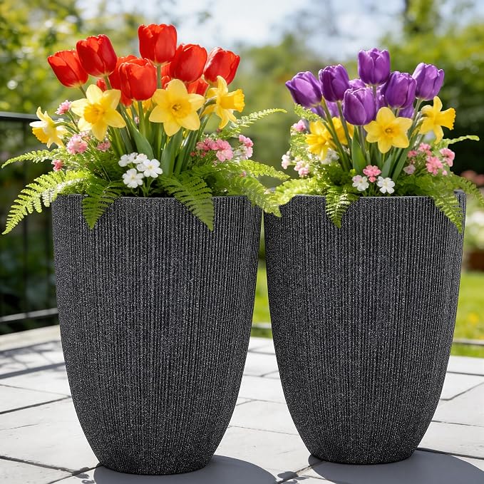 2-Pack 19" Black Resin Tall Round Planters with Fluted Texture | Set of 2 resin tall planters with black fluted texture, drainage plugs, and UV-resistant finish for porch or patio