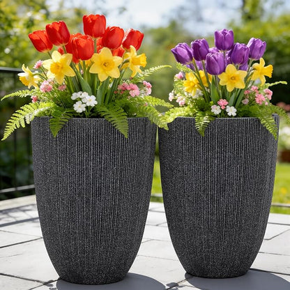 19" Black Concrete-Look Resin Tall Planters with Fluted Texture | Set of 2 resin tall planters with black fluted texture, drainage holes, and UV-resistant finish for porch or patio