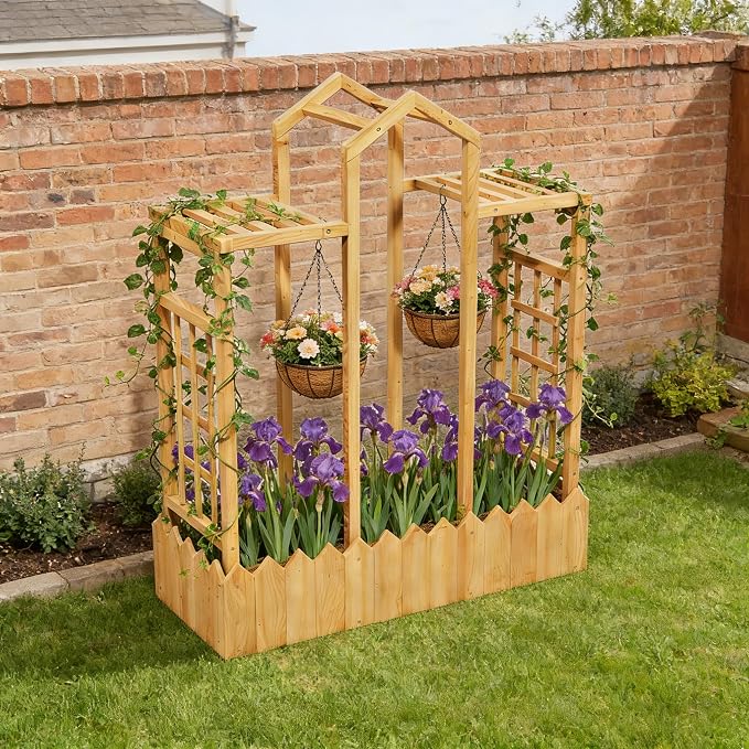 Raised Garden Bed with Trellis, Wood Elevated Planter Box with Trellis and Hanging Roof, Freestanding Outdoor Garden Planter for Flowers Herbs Climbing Vines