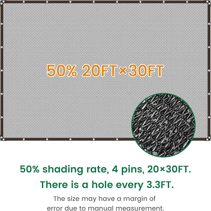 Shade Cloth, 20FT X 30FT 50% Black Outdoor Woven Sun Shade with Grommets, Durable Breathable Netting Shading Antifreezing for Patio, Garden, DIY Home, Plants Cover, Greenhouse, Dog Kennel