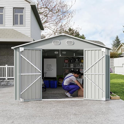 YOPTO 12X10 FT Metal Outdoor Storage Shed W/Flower Pot Stand,White | 3 Lockable Doors,Air Vent,Sloped Roof,Reinforced Structure,Waterproof Outdoor Shed for Garden,Patio,Backyard,Lawn