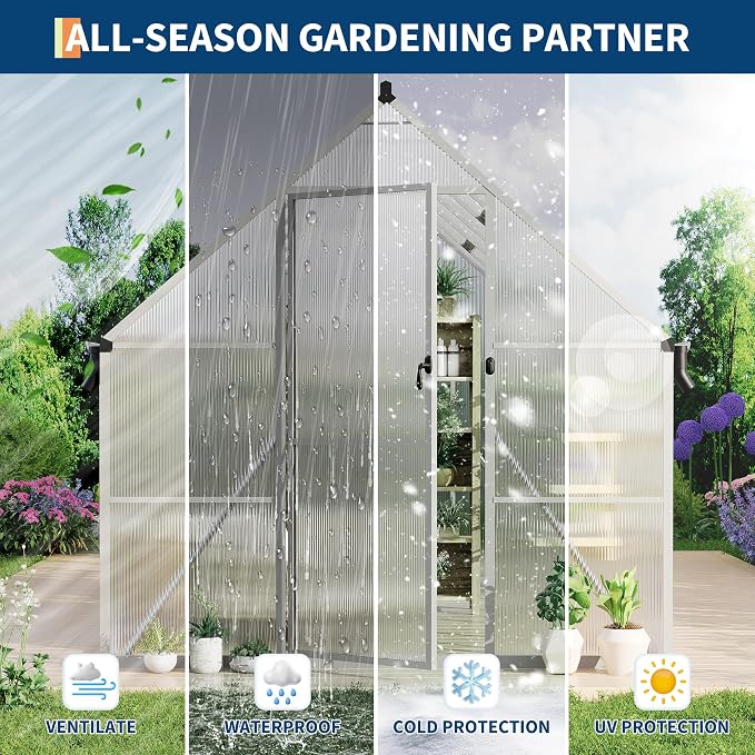 GarveeLife 8X12FT Polycarbonate Greenhouse with Aluminum Frame, Polycarbonate Greenhouse for Outdoors, Greenhouses with Ventilation and Rain Gutter, Aluminum Large Walk-in Greenhouses for Outside
