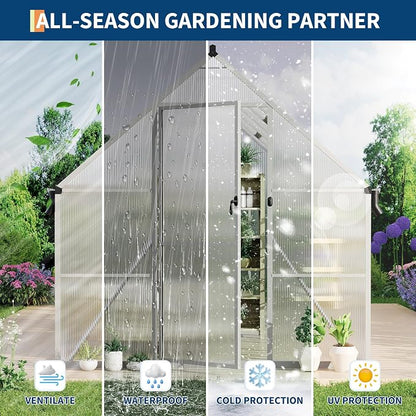 GarveeLife 8X12FT Polycarbonate Greenhouse with Aluminum Frame, Polycarbonate Greenhouse for Outdoors, Greenhouses with Ventilation and Rain Gutter, Aluminum Large Walk-in Greenhouses for Outside
