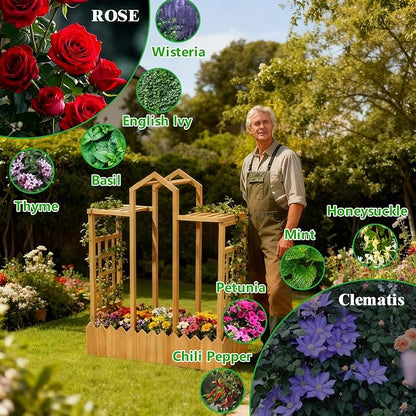 Raised Garden Bed with Arch Trellis, Wood Planter Box with Hanging Roof & Side Trellis, Above Ground Elevated Garden Bed for Outdoor Climbing Plants, Vines, Patio, Balcony