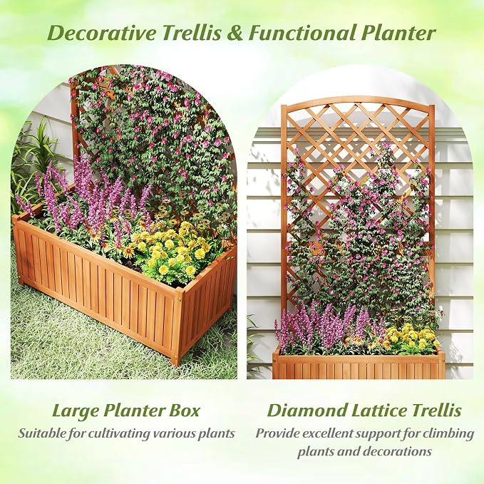 Giantex Solid Acacia Wood Planter Box with Trellis, 63" Set of 2 Raised Garden Bed with Trellis, Plant Box, Slat Base, Outdoor Privacy Planter for Vine Climbing Plants Flowers, Garden, Patio, Balcony