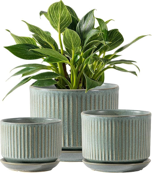 SURE YUESI Ceramic Plant Pots Set of 3, Indoor Outdoor Planters with Drainage Hole and Saucer, Ceramic Flower Pots for Indoor Plants, 4.3+5.5+6.8 Inch, Home, Garden, Patio and Office, Matte Green