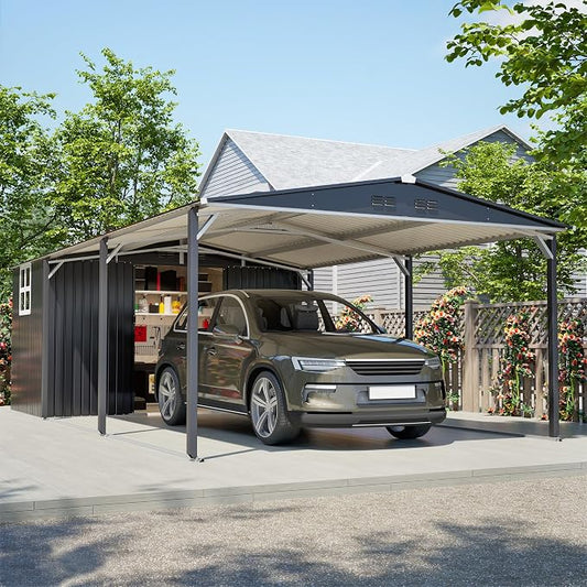 KEIKI 12x23 FT Heavy Duty Metal Carport with Storage Shed, Steel Garage Shelter with Sliding Door, Waterproof Sloped Roof, UV Protection Panels, Outdoor Car Canopy for Car, Boat, Tractor