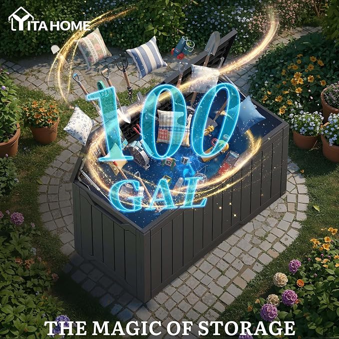 YITAHOME 100 Gallon Outdoor Storage Box | Large Water Resistant Resin Deck Box, Indoor Outdoor Lockable Storage Container for Patio, Garden, Cushions, Tools, Equipment