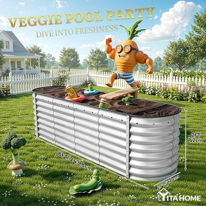 YITAHOME 2pcs 8x2x2ft Galvanized Oval Raised Garden Bed, Metal Planter Box with Safety Rubber, Gloves, Outdoor Flower Bed for Planting Plants Vegetables, Silver