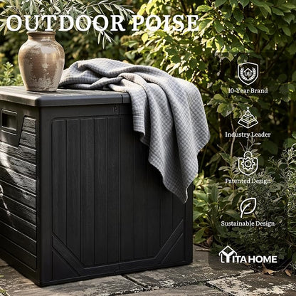 YITAHOME 150 Gallon Large Outdoor Storage Box w/Double Wall | Waterproof Deck Box with Hydraulic Piston for Garden Tools, Pool Accessories & Cushions, Resin Deck Organizer with Bench