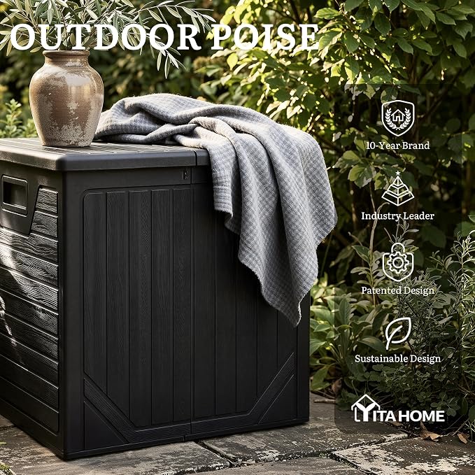 YITAHOME 150 Gallon Large Outdoor Deck Box | Lockable Resin Double-Wall Storage Box and Waterproof Patio Furniture Bin for Garden Tools & Pool Accessories, Black
