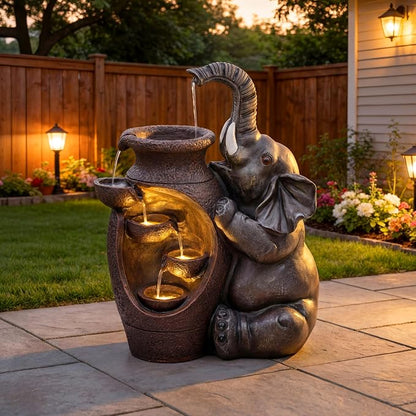 AUTODAYA 19" H Elephant Statue Outdoor Water Fountain with Warm LED Lights | Rustic Farmhouse Water Feature with Tranquil Cascading Waterfall for Garden Patio Yard Deck Kitchen Floor Tabletop Decor