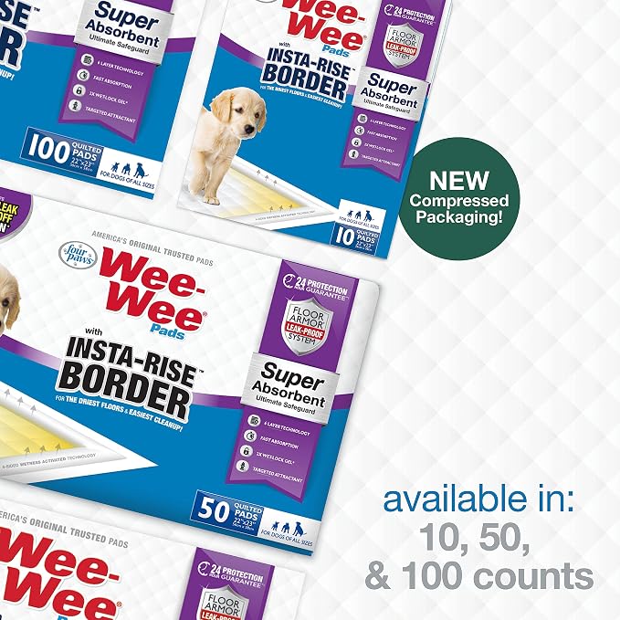 Four Paws Wee-Wee Super Absorbent Insta-Rise Dog Pee Pads, 10 Count | Edge leak & runoff protection, leak-proof puppy pads, built-in attractant, dog housebreaking, all day protection, 22" x 23"