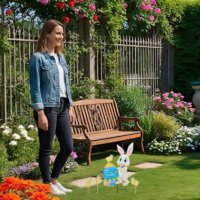 Yard Sign Stakes Made of Metal, Easter Yard Stakes with Bunny Egg for Easter Decorations Outdoor Garden Lawn Porch