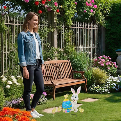 Yard Sign Stakes Made of Metal, Easter Yard Stakes with Bunny Egg for Easter Decorations Outdoor Garden Lawn Porch