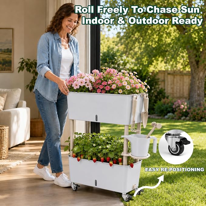 2-Tier 27.8"H Rolling Raised Garden Bed with Wheels, Self Watering Planter Box with Visible Water Level, Gray Rustproof Plastic Herb & Strawberry Planter for Indoor Outdoor Vegetables Flowers, DIY Kit