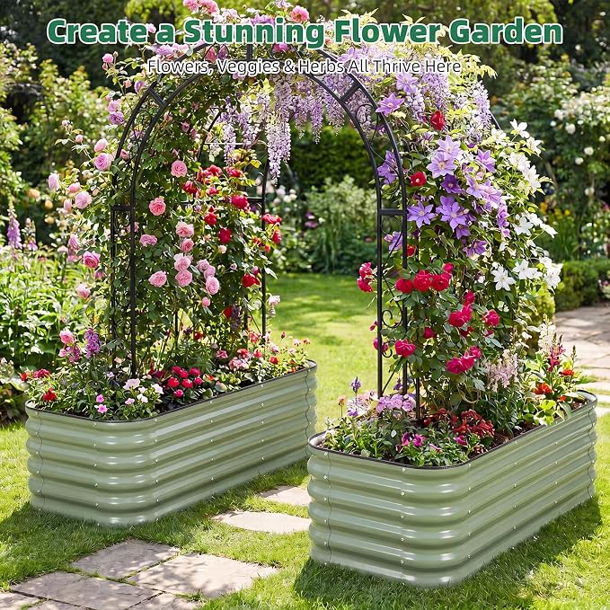 3 Pcs Raised Garden Beds Outdoor, 17" Tall 3-in-1 Modular 4x2ft Galvanized Metal Planter Box with Bracing Rods and Gloves for Vegetables Flowers Herbs, Olive Green