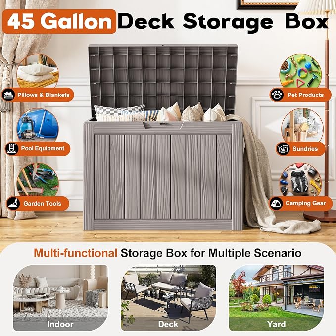 Outdoor Storage Box, Resin Deck Boxes outdoor, Waterproof Storage Box Lockable Lid (Grey, 45 Gallon)
