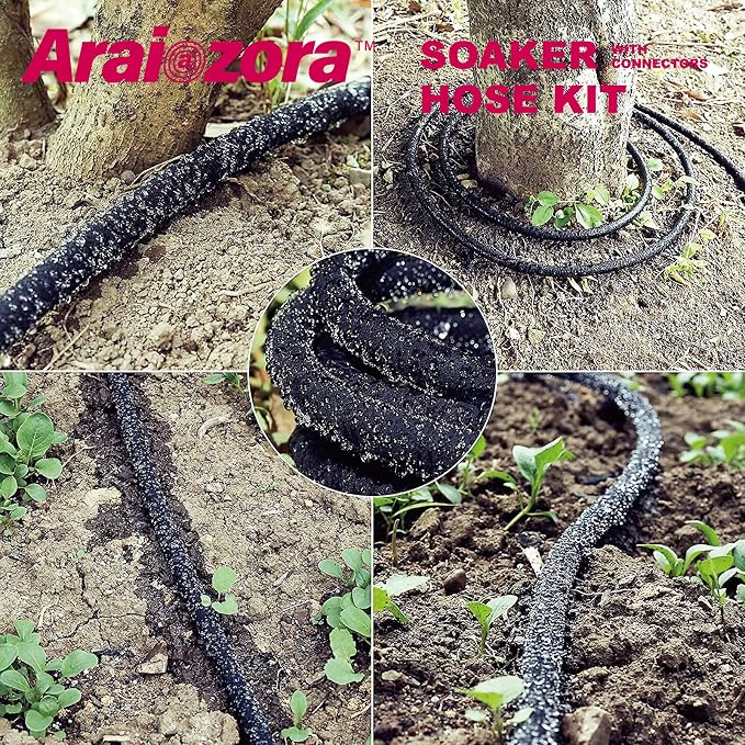 Soaker Hose 150FT 1/2 Inch Premium Kit with Solid Brass Connectors & Stakes, for Deep Root Watering in Flower Beds & Landscaping
