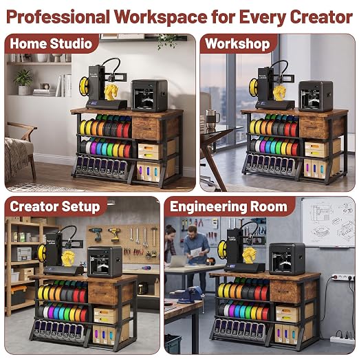 3D Printer Workstation with Power Outlet & Filament Storage, Heavy Duty 4-Tier 3D Printer Stand with Drawer, X-Bracket Stability, Large 39.4” 3D Printing Desk for Workshop, Studio, Office