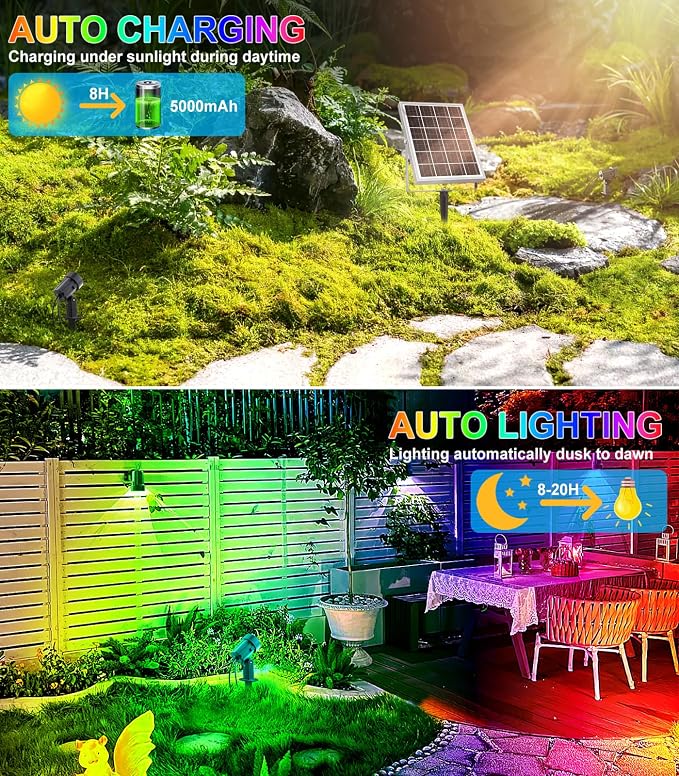 MEIKEE 6 in 1 RGB Solar LED Spotlights with Remote, IP66 Waterproof Color Changing Outdoor Landscape Lighting for Garden Wedding Holiday Party Decor