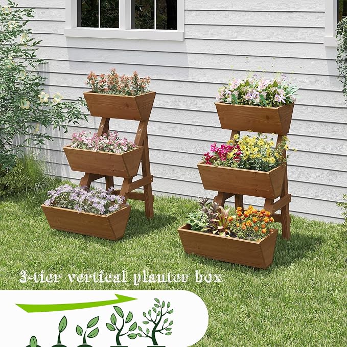 3-Tiers Wooden Raised Garden Bed Tiered Planter Box Flower Pots Vertical Garden Planter Wood Plant Stand for Vegetables Flowers Herbs for Patio, Balcony, Freestanding (Brown S)