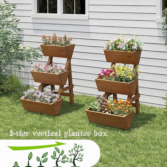 3-Tiers Wooden Raised Garden Bed Tiered Planter Box Flower Pots Vertical Garden Planter Wood Plant Stand for Vegetables Flowers Herbs for Patio, Balcony, Freestanding (Brown S)