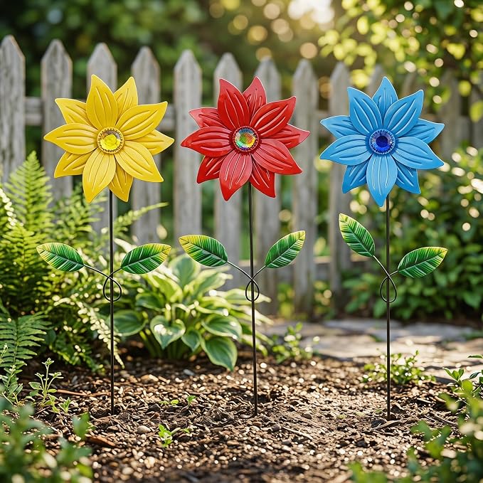 3-Pack Metal Flower Garden Stakes, 16 Inch Weatherproof Floral Yard Art, Vibrant Yellow Red Blue Outdoor Decor for Patio, Lawn & Planter