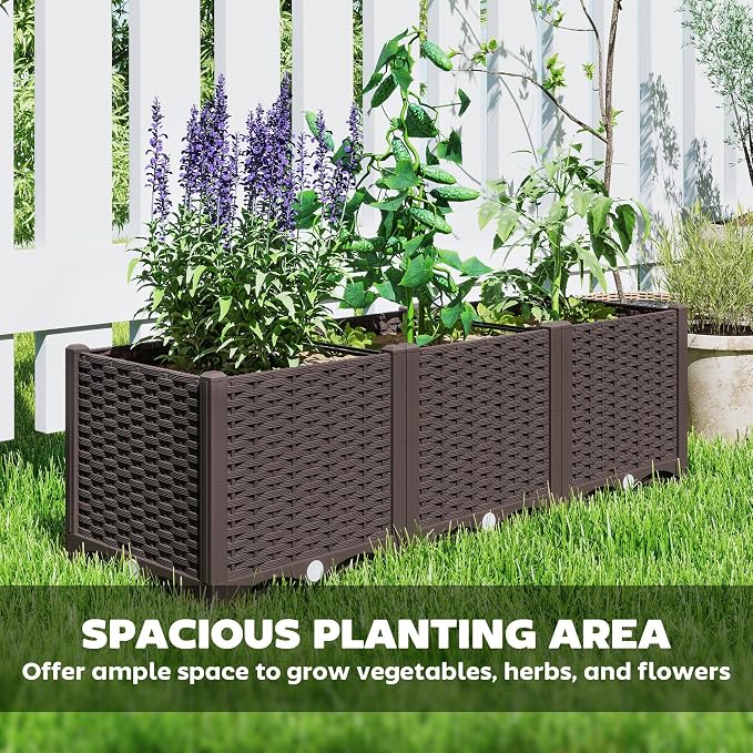 Outsunny Plastic Raised Garden Bed, 47.2" x 15.7" x 14.6" Outdoor Planter Box with Drainage Holes for Garden, Patio, Balcony, Deck, Brown