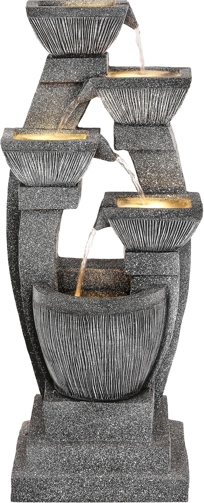 40.5" Outdoor Fountain LED 4-Bowl Cascading Waterfall, Gray | 4-pillar slate style, garden patio backyard porch