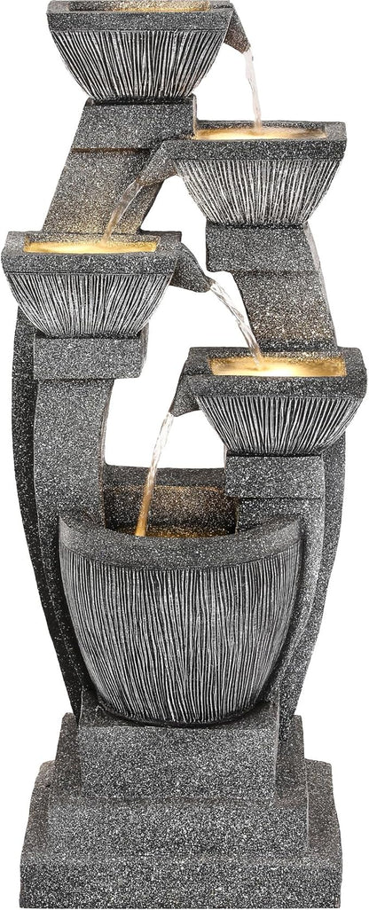 40.5" Outdoor Fountain LED 4-Bowl Cascading Waterfall, Gray | 4-pillar slate style, garden patio backyard porch