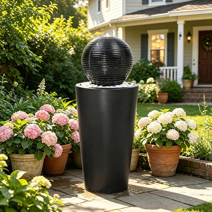 Autodaya 30"H Ceramic Sphere Water Fountain with LED Light for Garden Patio | Modern Minimalist Design, Black Glaze with White Pebbles, Soothing Trickling Water Feature, Artistic Charm, Tranquil Ambiance