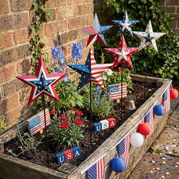 4th of July Decorations Outdoor 19" Metal Barn Star 6-Pack, Patriotic Outdoor Decorations, Rustic Iron Decorative Garden Stakes with American Flag Stars for Yard Patio Lawn