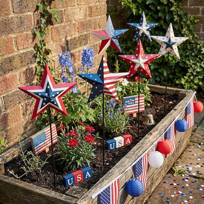 4th of July Decorations Outdoor 19" Metal Barn Star 6-Pack, Patriotic Outdoor Decorations, Rustic Iron Decorative Garden Stakes with American Flag Stars for Yard Patio Lawn