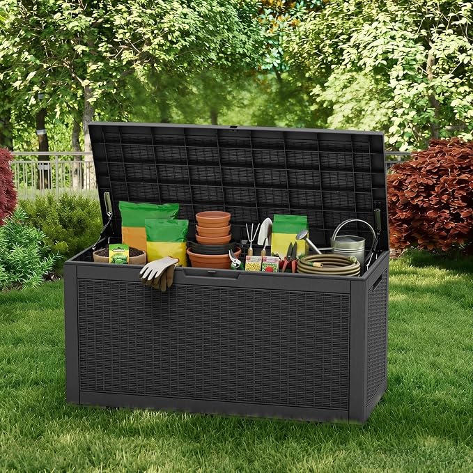100 Gallon Deck Box, Waterproof Resin Rattan Outdoor Storage Box Lockable for Patio Furniture, Fade Resistant Patio Side Table & Organizer for Garden Tools, Pool Float, Outdoor Cushions, Black