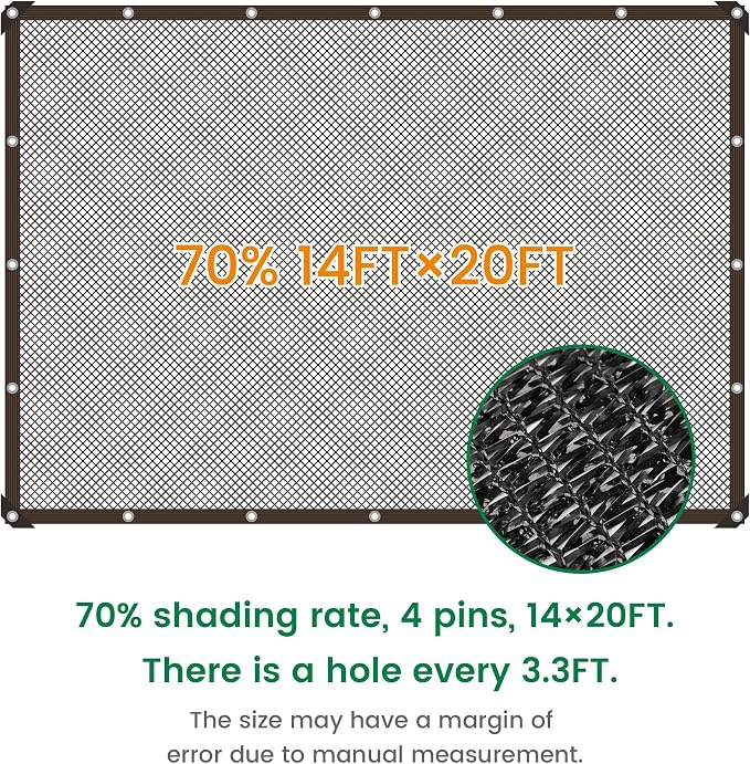 Shade Cloth, 14FT X 20FT 70% Black Outdoor Woven Sun Shade with Grommets, Durable Breathable Netting Shading Antifreezing for Patio, Garden, DIY Home, Plants Cover, Greenhouse, Dog Kennel