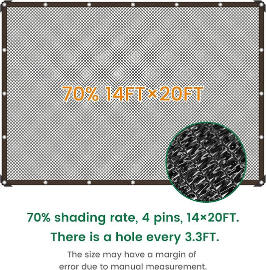 Shade Cloth, 14FT X 20FT 70% Black Outdoor Woven Sun Shade with Grommets, Durable Breathable Netting Shading Antifreezing for Patio, Garden, DIY Home, Plants Cover, Greenhouse, Dog Kennel