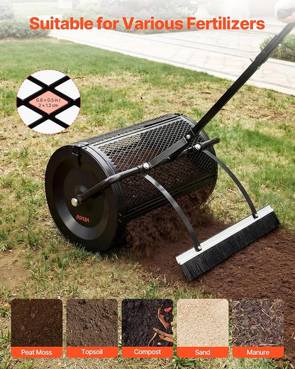 VEVOR Compost Spreader, 24" Wide Peat Moss Spreader with Push/Tow Handle & Brush, 4 Heights Adjustable, Powder-Coated Steel Garden Peat Moss Roller, Heavy Duty Grass Seed Roller for Planting Seeding