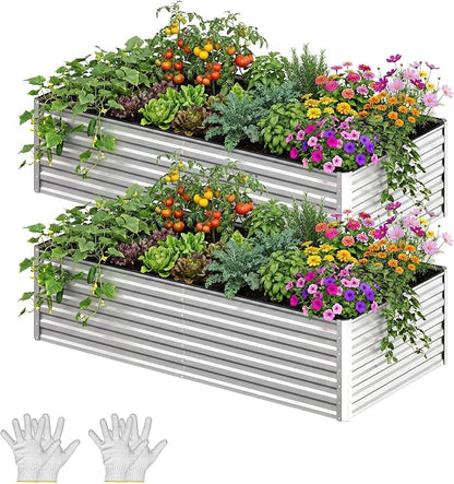 YITAHOME 2pcs 8x4x2ft Galvanized Raised Garden Bed, Metal Planter Box with Safety Rubber, Gloves, Outdoor Flower Bed for Planting Plants Vegetables, Silver