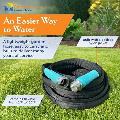 Lightweight Garden Hose 700008 (25 ft x ⅝ in), Portable Hose for Car Washing & Home Cleaning, Kink-Free, Built with Ballistic Nylon with Aluminum Couplings & Swivel Grips, by New England Garden Tools