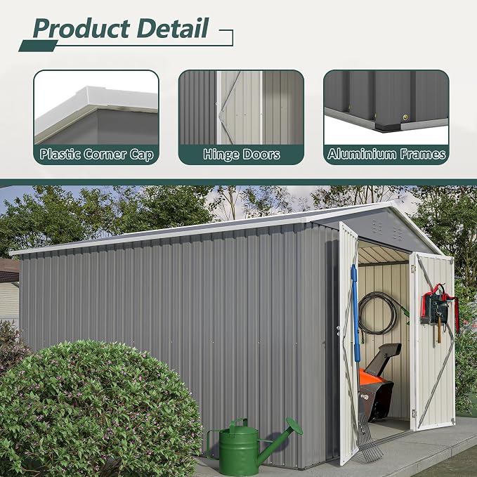 PVWIIK 10x10 FT Large Outdoor Metal Storage Shed, Heavy Duty Waterproof Steel Garden Tool Shed with Lockable Doors, Utility Storage Building for Backyard Patio Lawn Garden, Grey