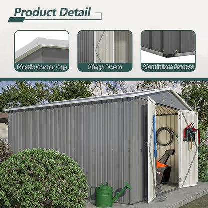 PVWIIK 10x10 FT Large Outdoor Metal Storage Shed, Heavy Duty Waterproof Steel Garden Tool Shed with Lockable Doors, Utility Storage Building for Backyard Patio Lawn Garden, Grey