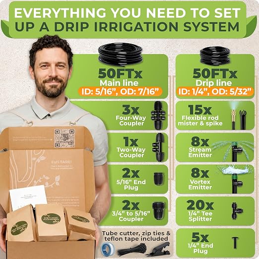 CARPATHEN Drip Irrigation System Kit - Pressure Optimised Garden Watering System w 15pcs 360° Atomizing Nozzles, 16 Adjustable Drip Emitters 5/16 and 1/4 Tubing - Complete Watering Spray System