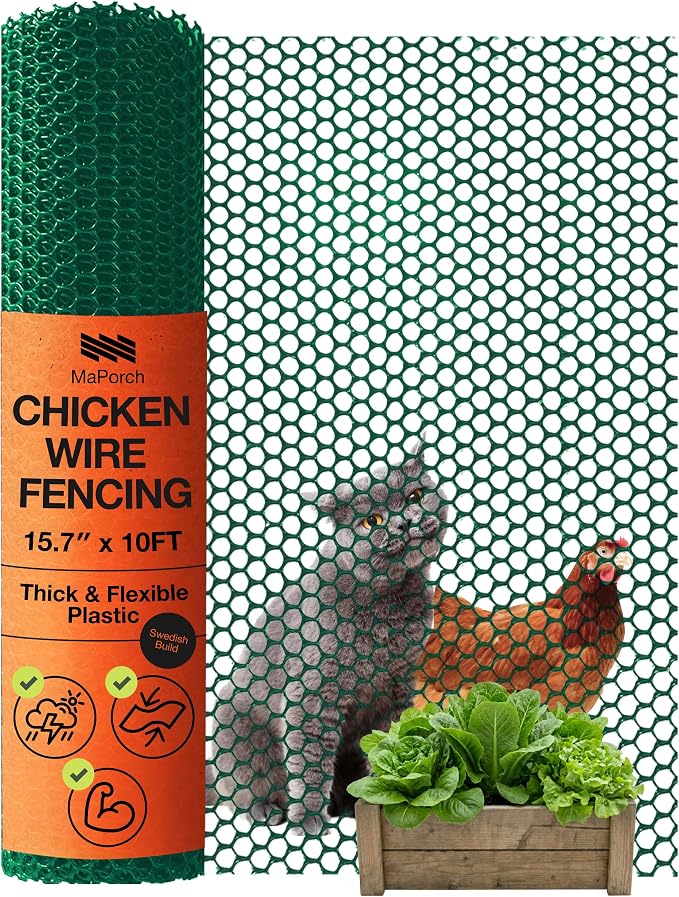 Maporch Plastic Chicken Wire Fencing for Pet Protection - 15.7" x 10ft, HDPE Hunter Green Chicken Wire - Garden Fence Animal Barrier for Dogs, Cats and Rabbits (1-Pack) | 15.7" x 10ft - HDPE Home and Garden Netting - UV Resistant - Customizable Balcony...
