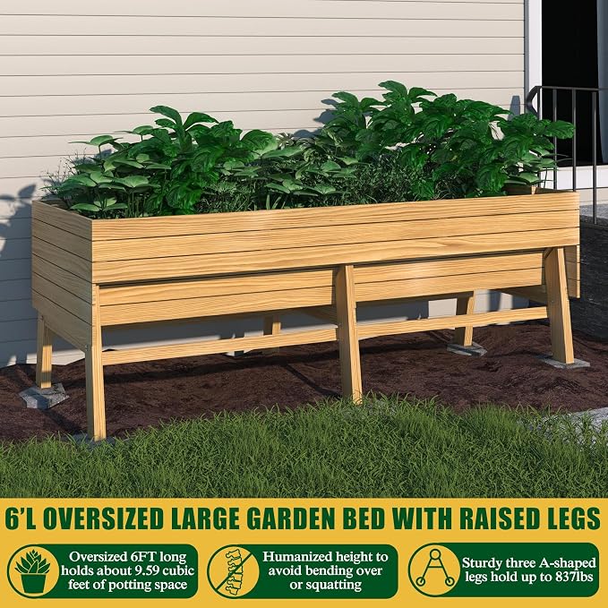 Yardenaler 6 x 3 x 2FT Raised Garden Bed with Legs, Large Outdoor Elevated Wood Planted Box with Liner for Vegetable Flower, Backyard and Patio, Natural